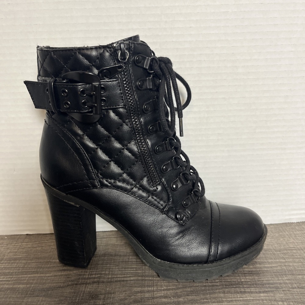 G by Guess Combat Boots 6.5 Black Lace up Zip Biker Heel Ankle Bootie Whimsigoth - Picture 10 of 11